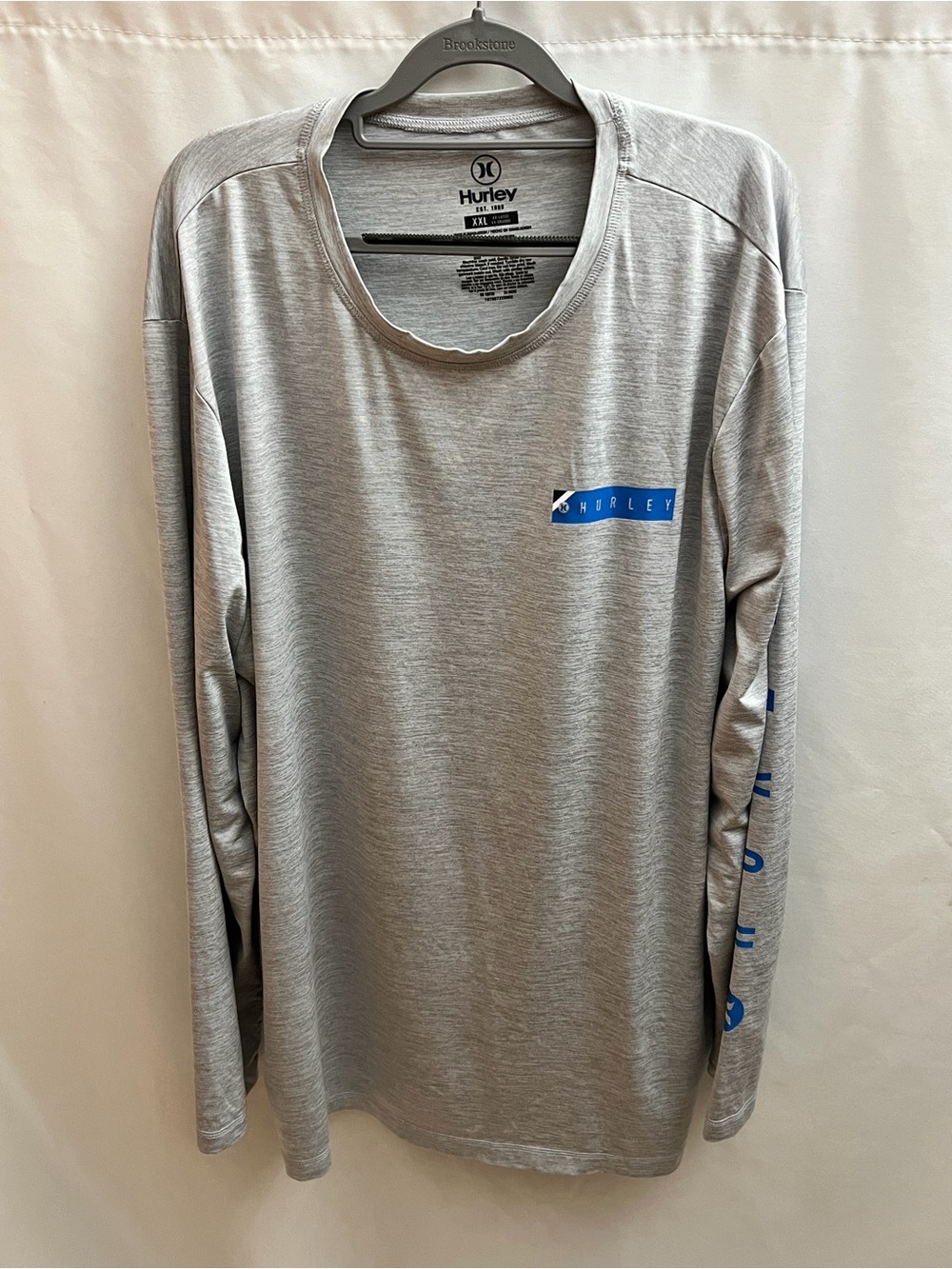 Hurley Mens XXL Gray Long Sleeve Performance Shirt Blue Logo Stretch